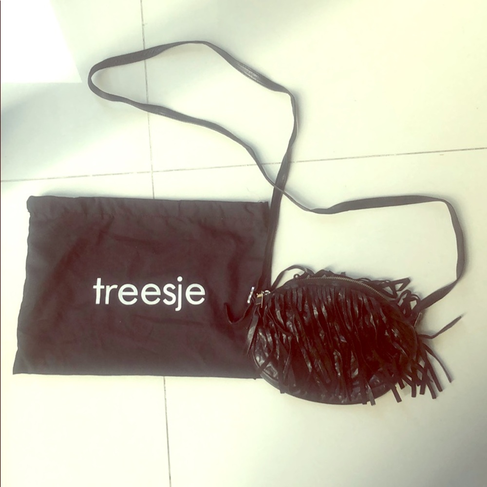 Treesje black leather crossover bag with fringe